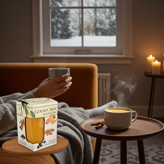 Cozy winter scene with a person holding a mug, golden milk spice mix box, steaming turmeric latte, cinnamon sticks, and candles.