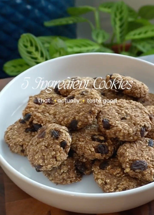Bowl of homemade oatmeal raisin cookies with visible oats and chocolate chips, plant in background