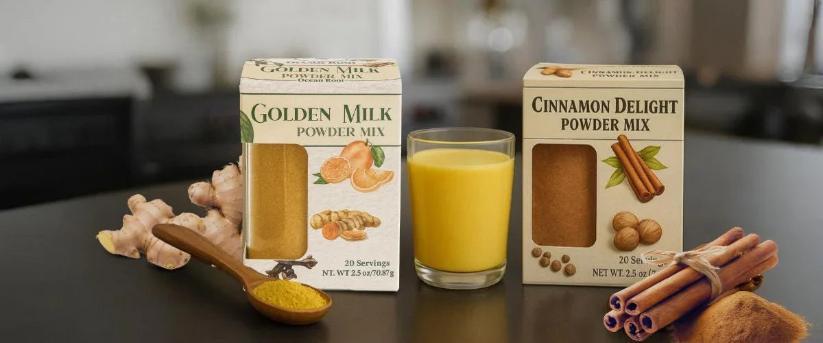 Golden Milk and Cinnamon Delight powder mixes with glass of yellow drink, ginger, and cinnamon sticks