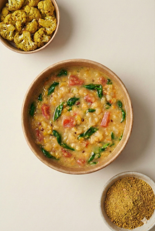 Bowl of red lentil dal with tomatoes and spinach, served with roasted cauliflower and spice mix