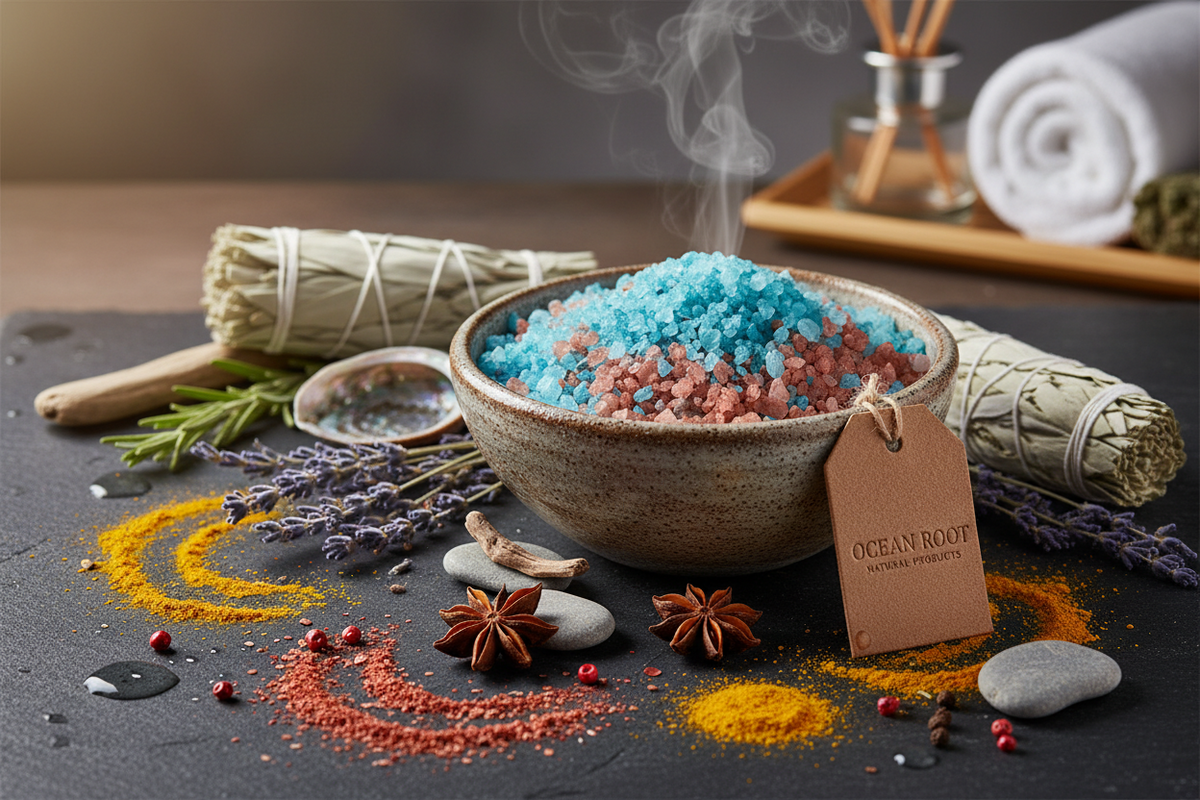 Ocean Root bath salts in a bowl with sage, lavender, and colorful spice powders.