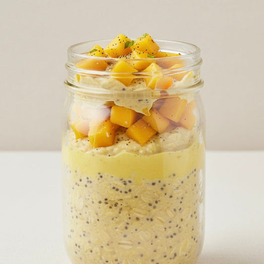 Mason jar of overnight oats with chia seeds and fresh mango cubes on top