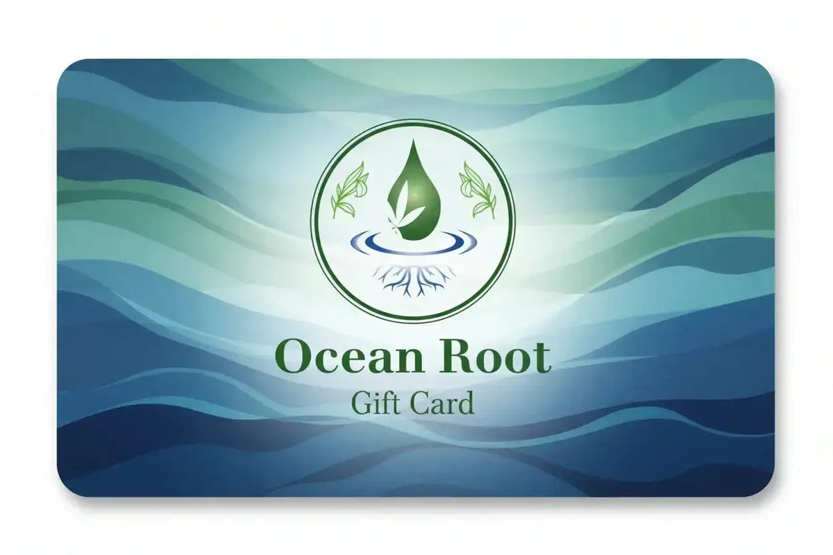Ocean Root gift card featuring a blue wave background and nature-inspired logo