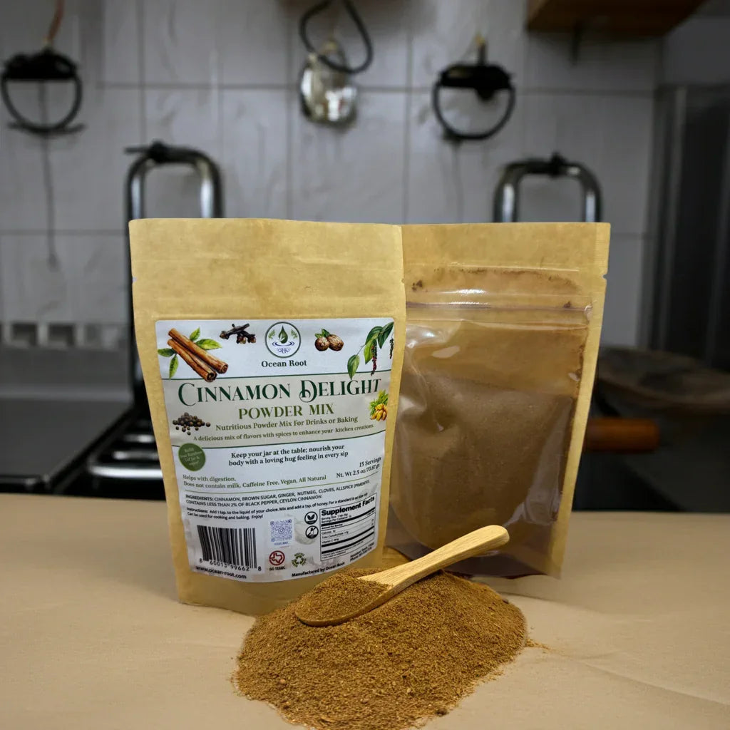 Cinnamon Delight powder mix in kraft pouches with wooden scoop and spice blend on kitchen counter