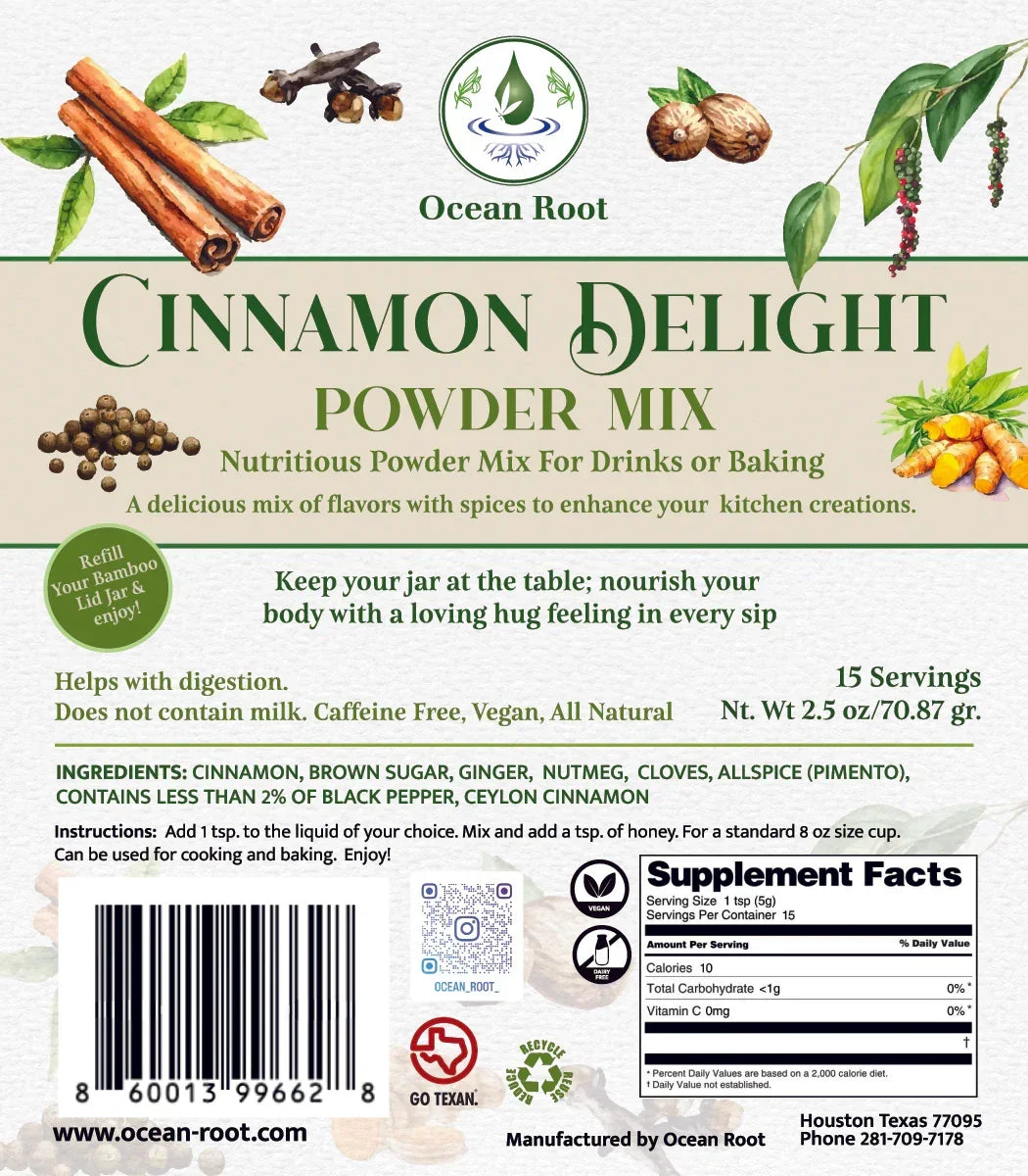 Cinnamon Delight powder mix label featuring cinnamon sticks, spices, and natural ingredients.