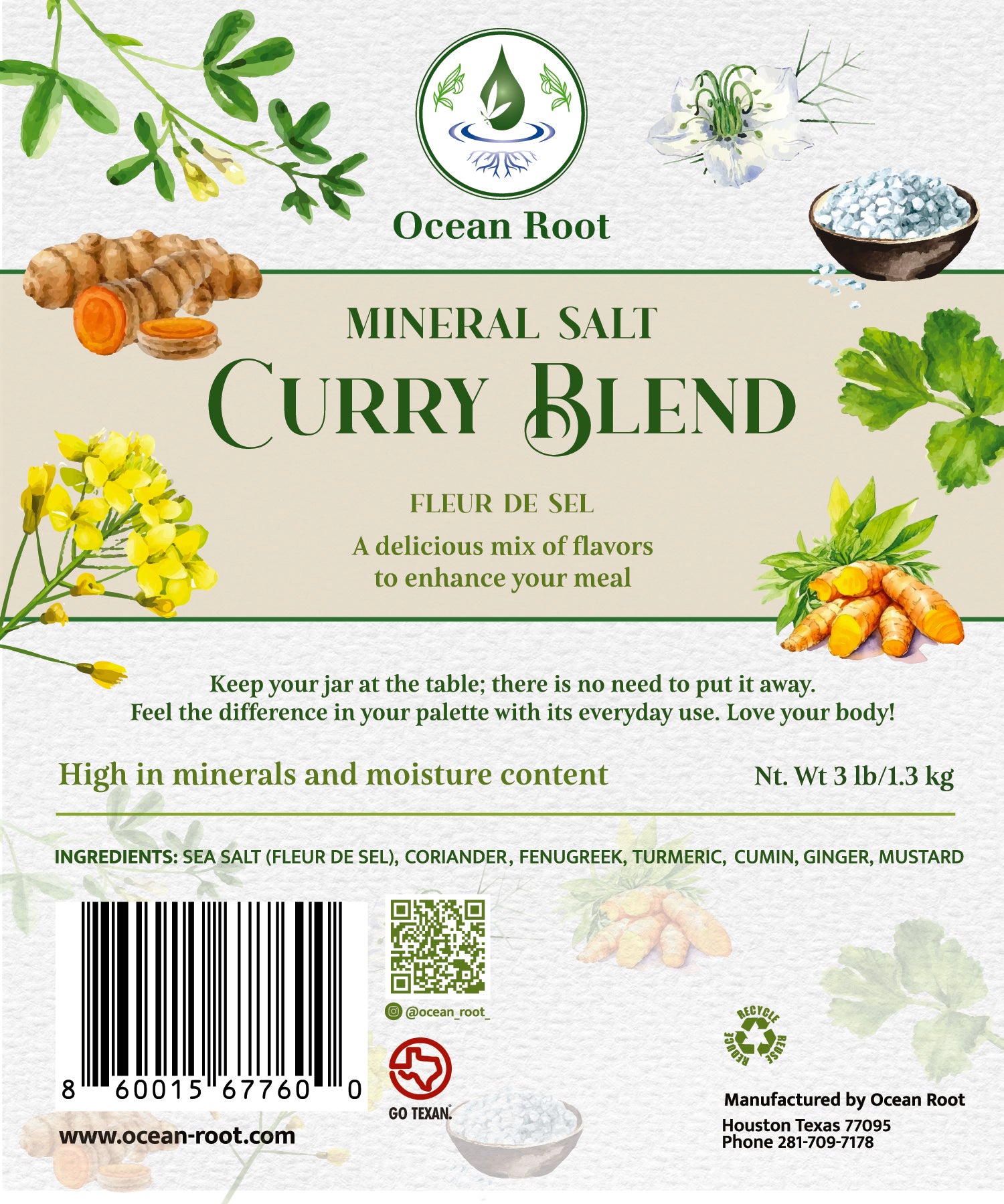 Ocean Root Mineral Salt Curry Blend with turmeric, ginger, and herbs for flavorful meals