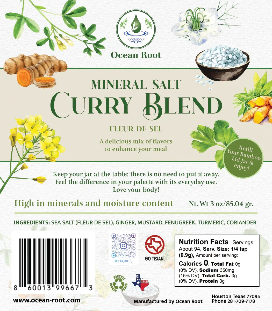 Mineral salt curry blend label with turmeric, herbs, sea salt, and botanical illustrations.