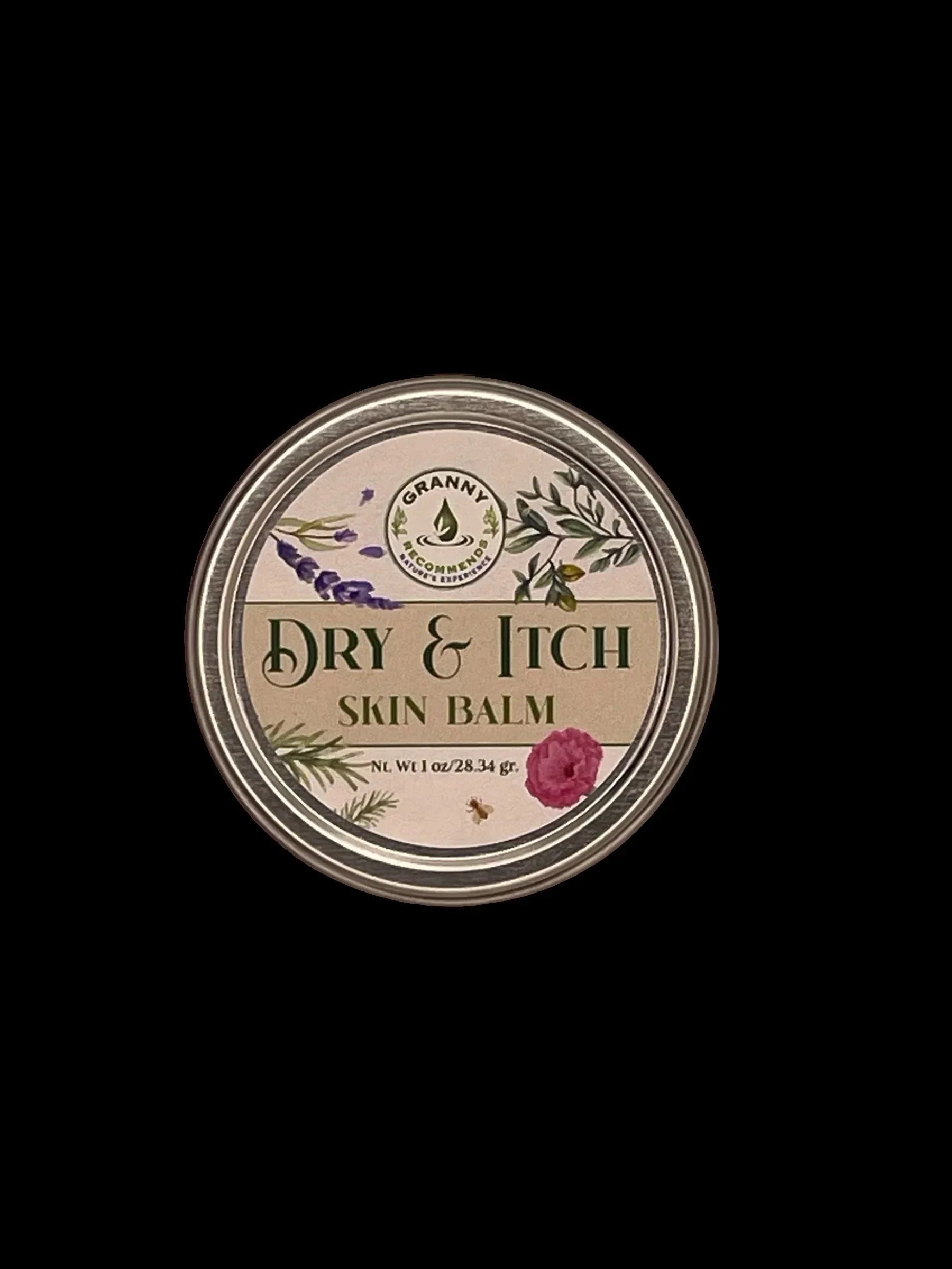Travel size tin of dry and itch skin balm with botanical illustrations on label