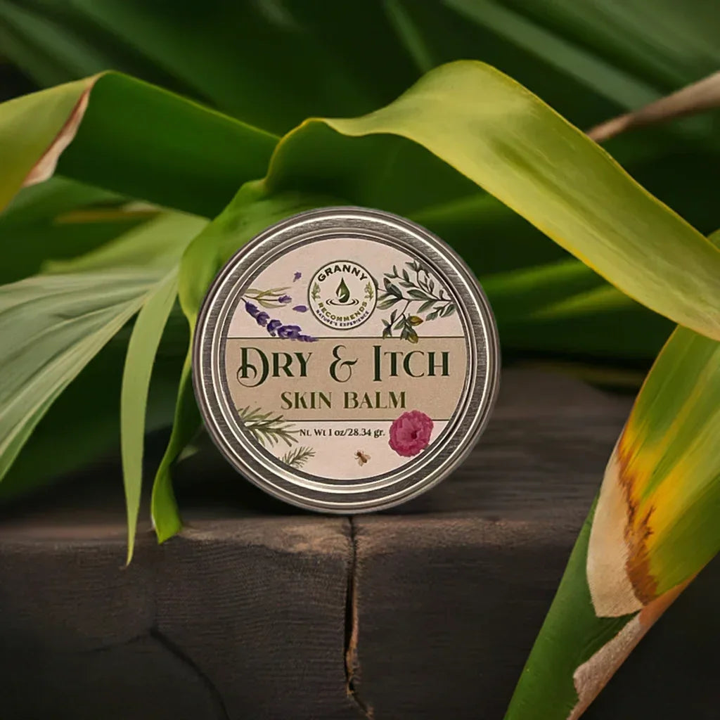 Dry & Itch Skin Balm tin for dry skin and bug bites with botanical label, surrounded by green leaves.