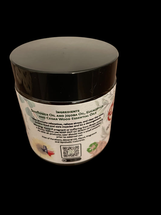 Sunflower oil, jojoba oil, eucalyptus & cedarwood essential oils.