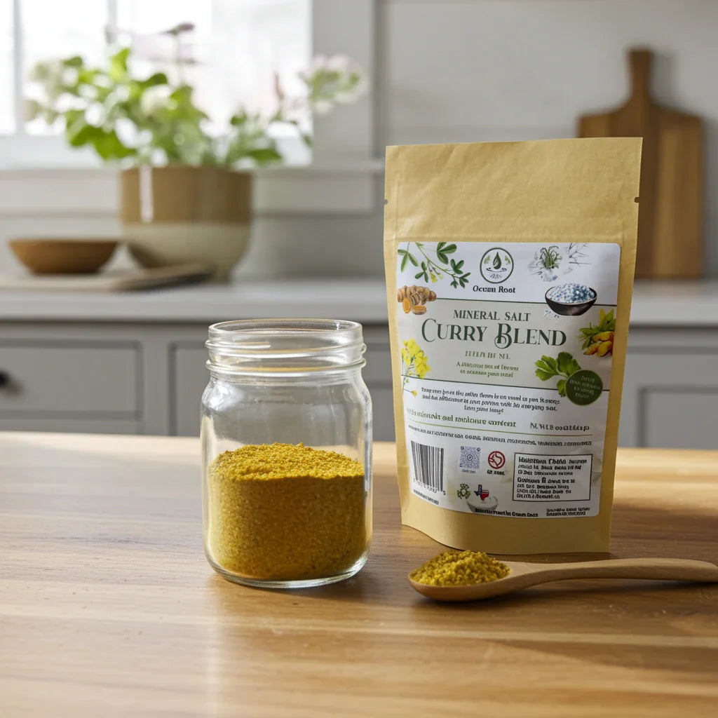 Mineral salt curry blend in a glass jar, kraft pouch, and wooden spoon on kitchen counter