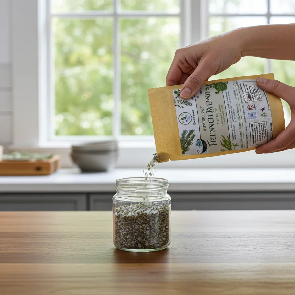 Person pouring seeds from a labeled packet into a glass jar on a kitchen counter.