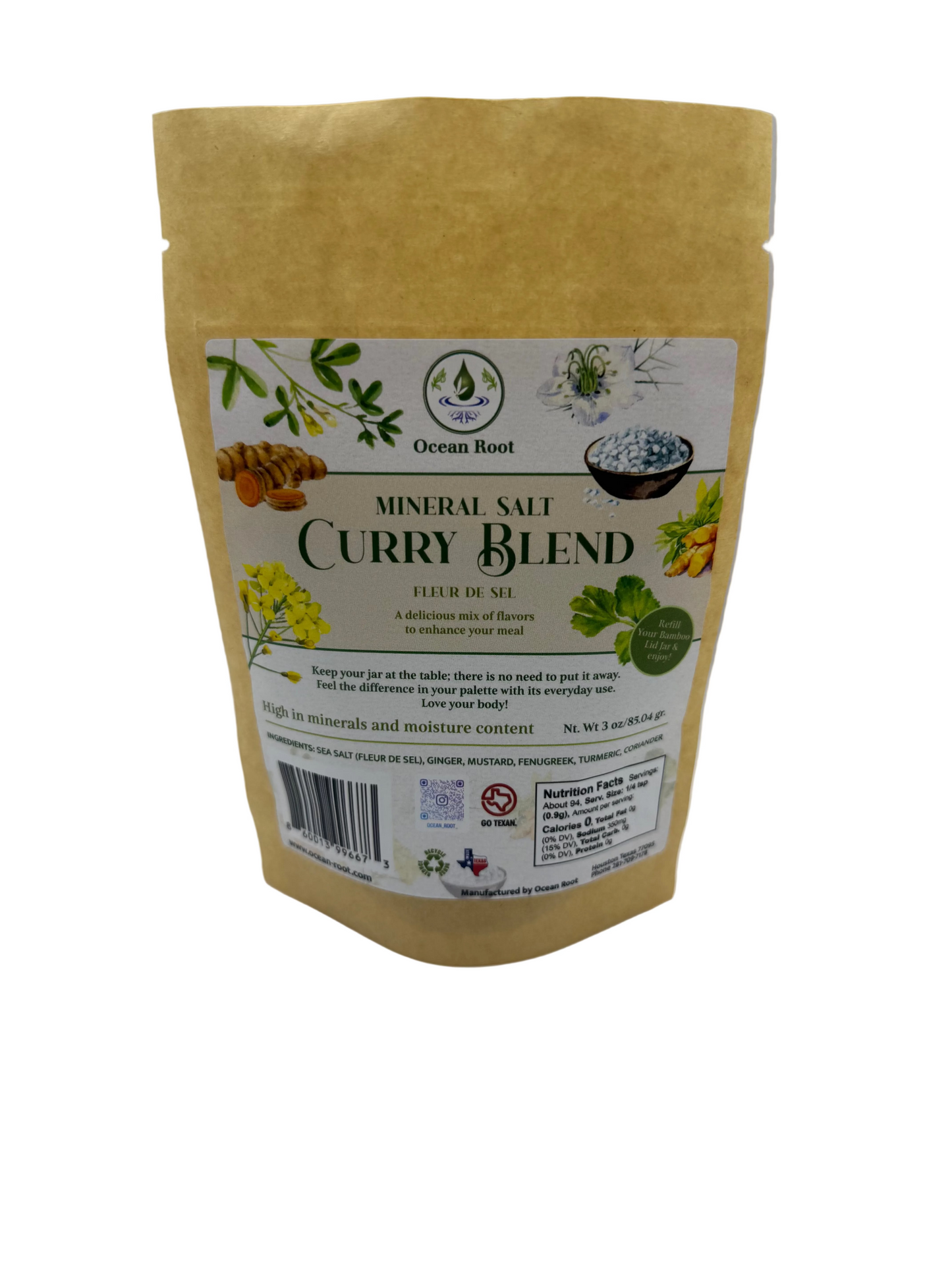 A refill Kraft bag with Fleur de Sel Mineral Salt with Curry Spices.