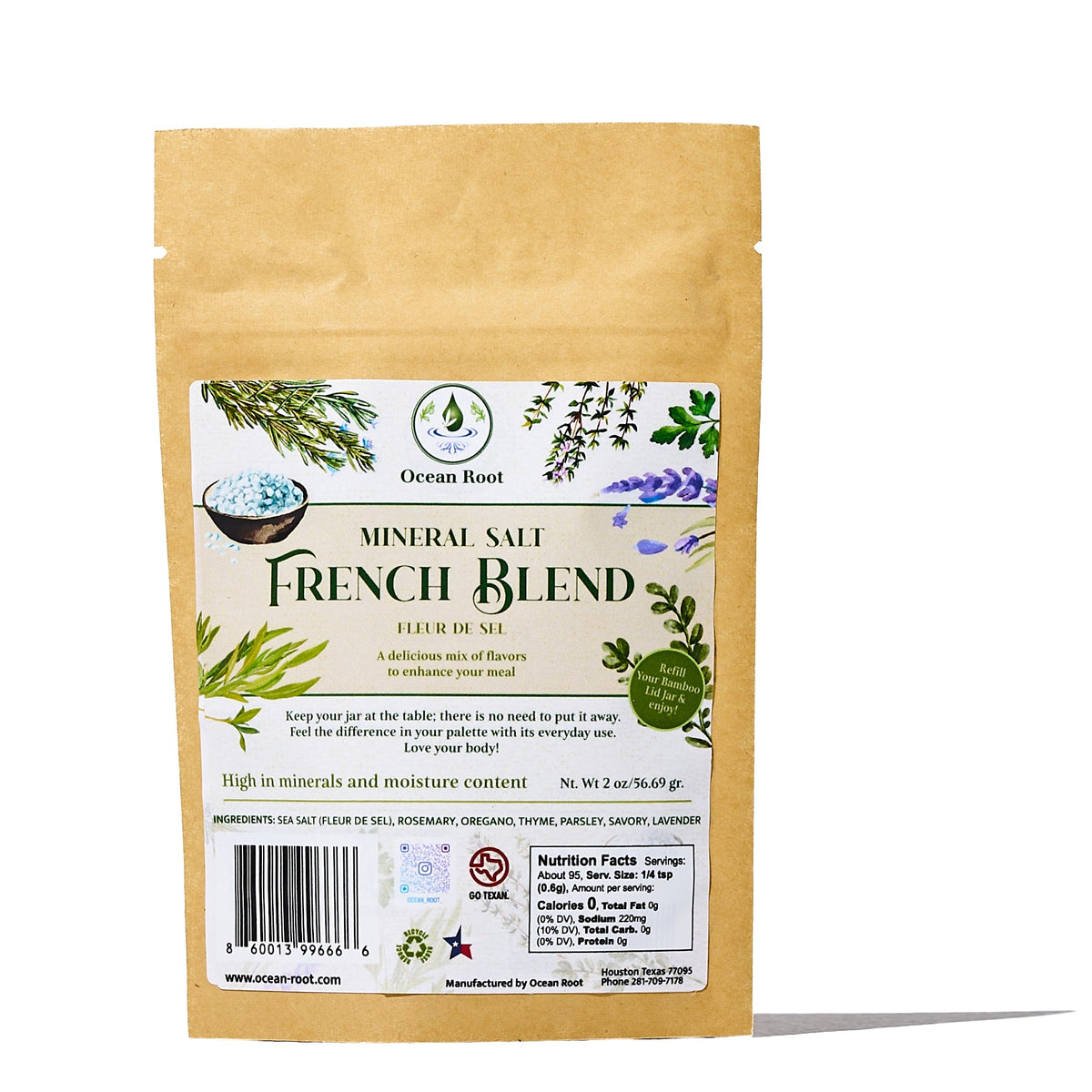 Ocean Root Fleur de Sel French Blend mineral salt refill bag with botanical illustrations.