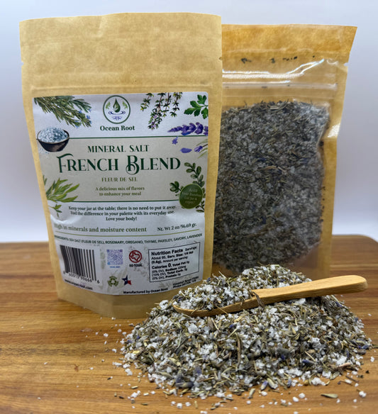 Mineral salt packaging with a wooden scoop on a wooden surface