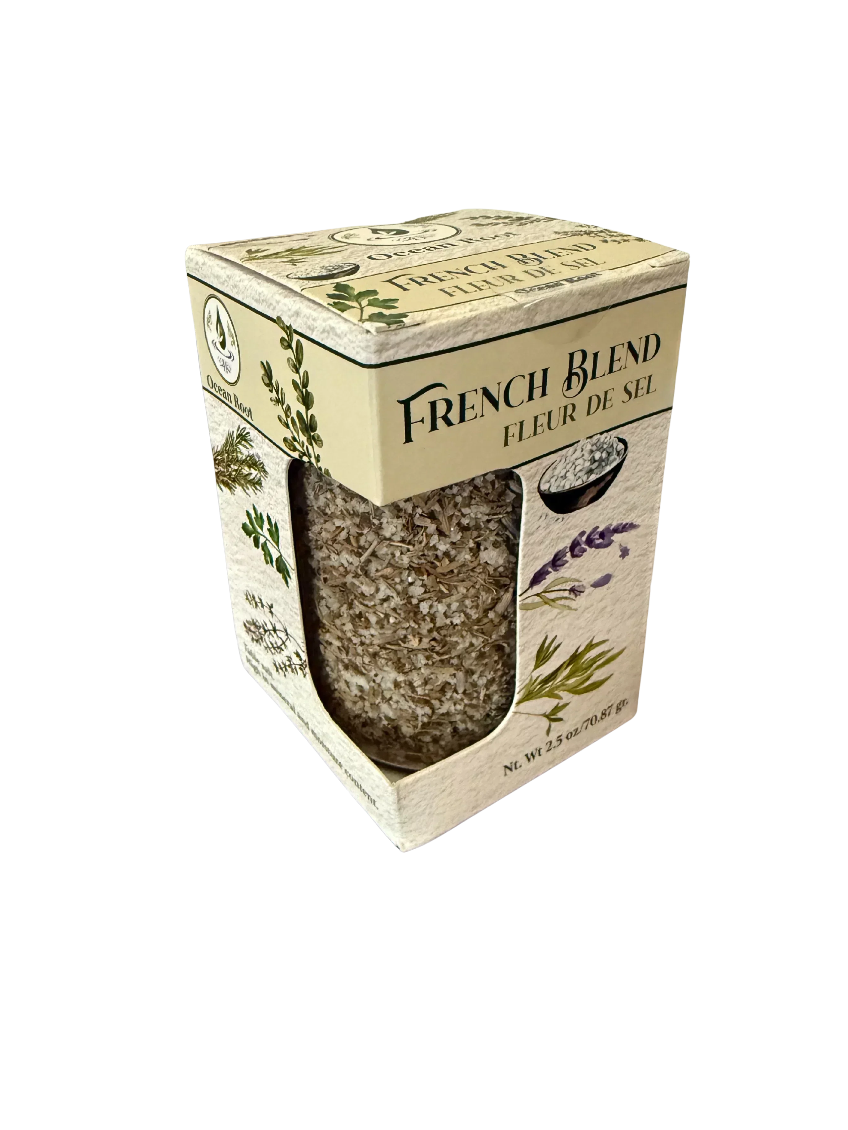 French Blend Fleur de Sel mineral salt with herbs in a decorative box, clear window packaging