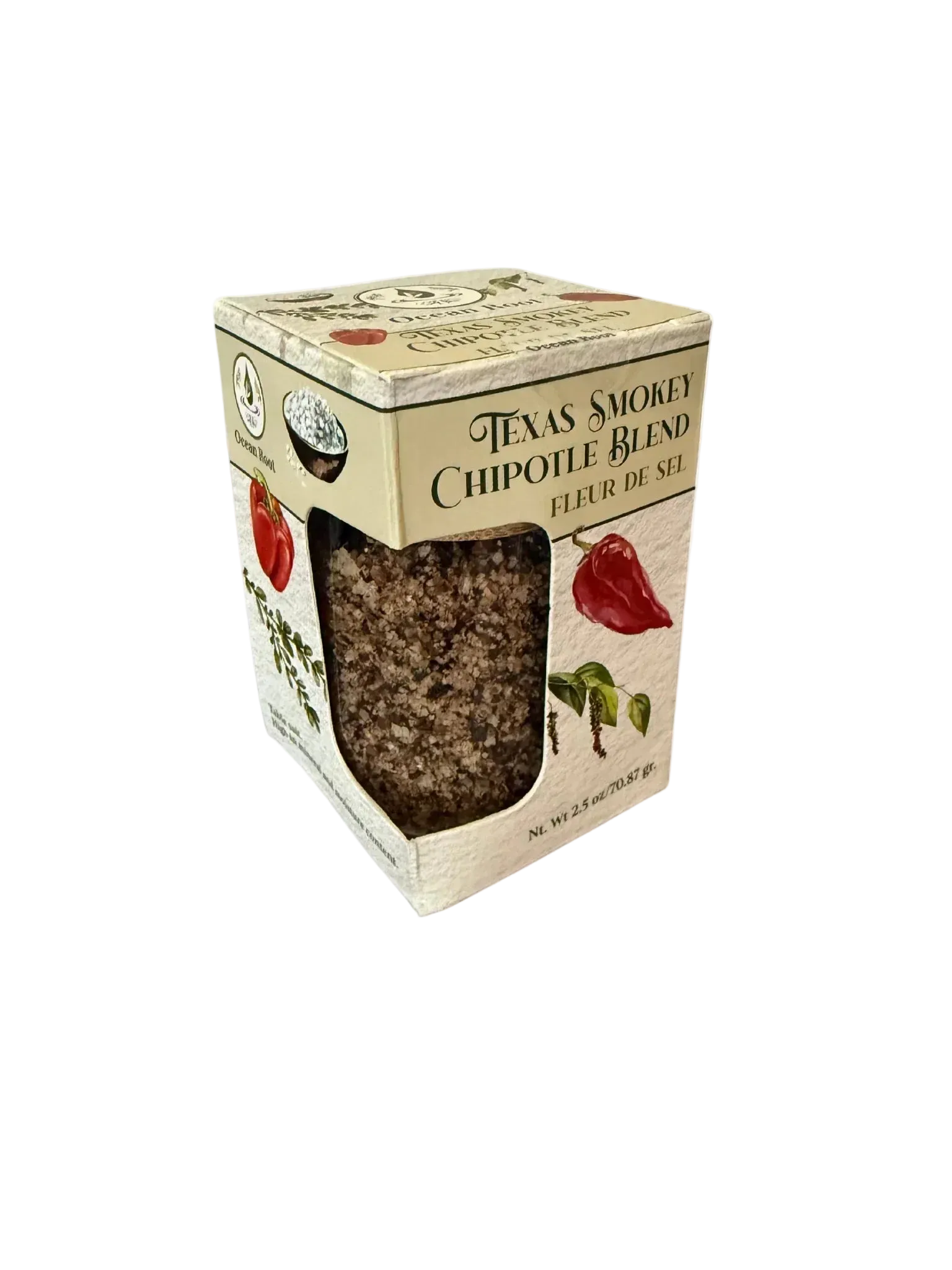 Texas Smokey Chipotle Blend fleur de sel gourmet salt in decorative box with chili illustration
