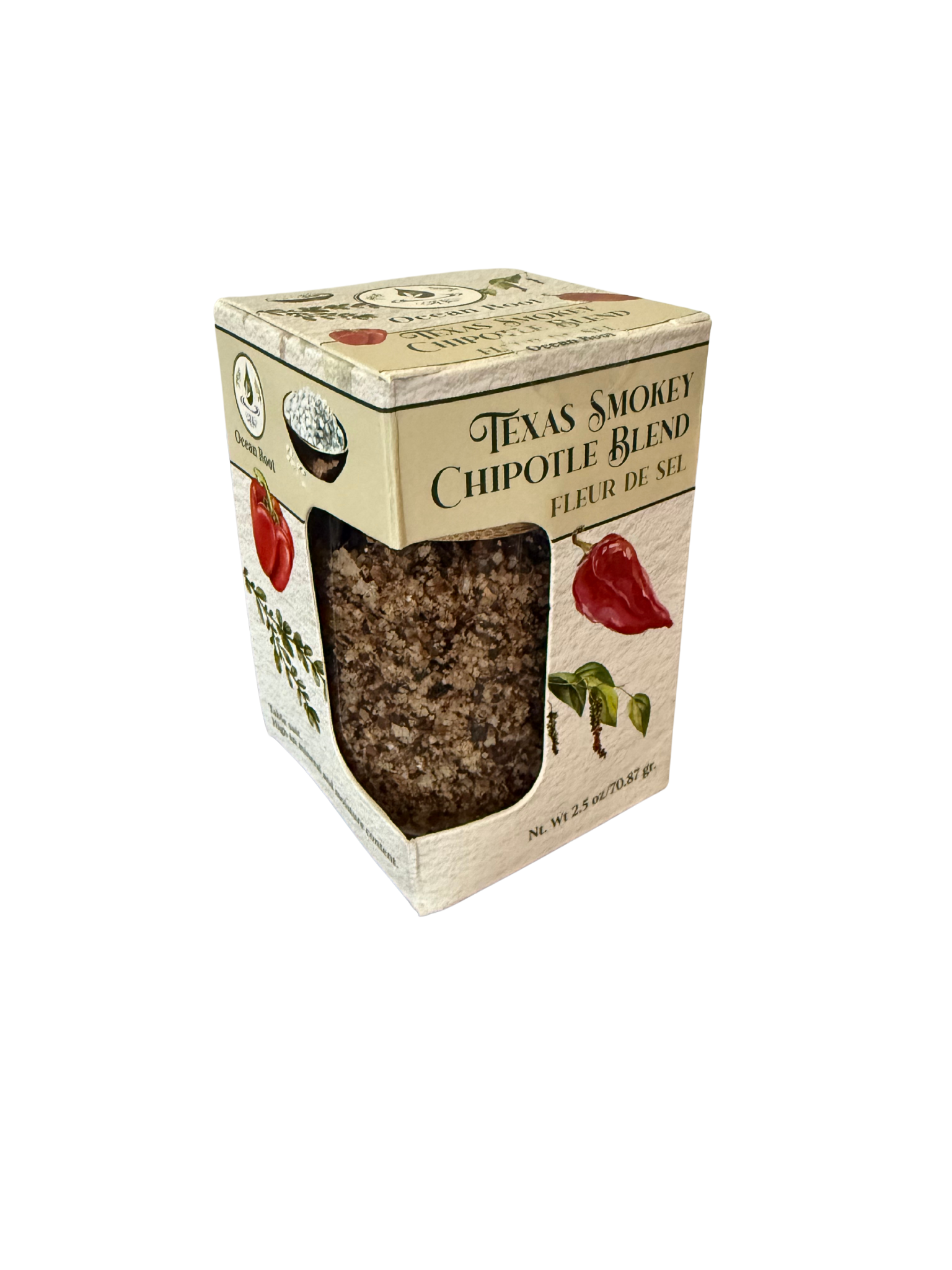 Package with Texas Smoky Chipotle , Fleur de Sel Blend. High mineral Sea Salt.