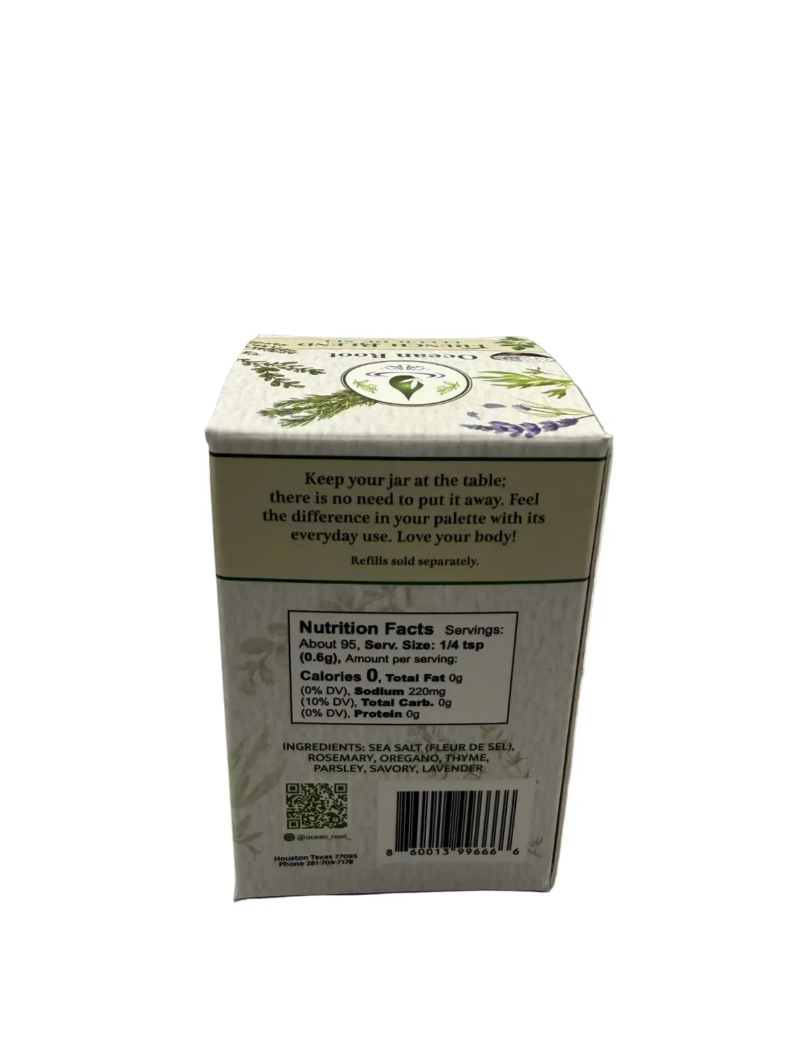 Back of culinary herb sea salt box showing nutrition facts, ingredients, and barcode.
