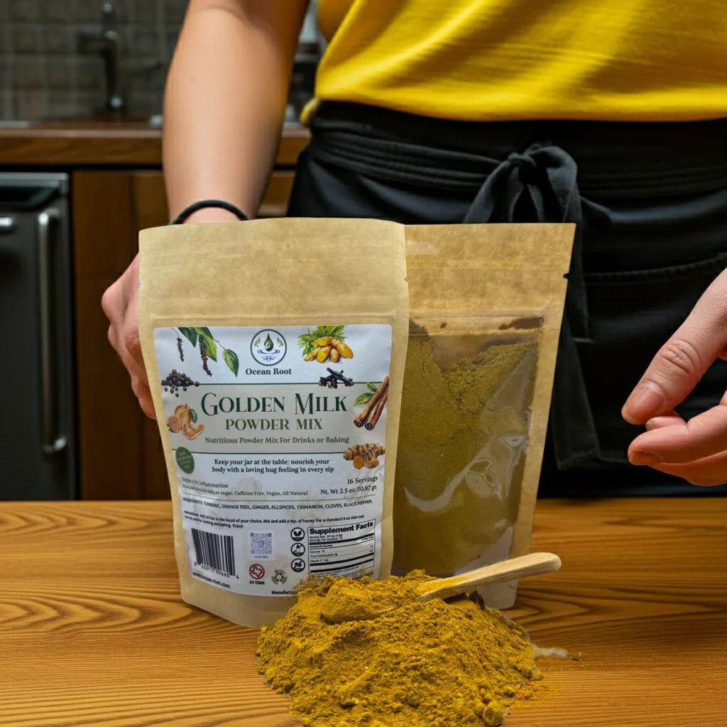 Golden milk powder mix pouch with turmeric blend and wooden scoop on kitchen counter