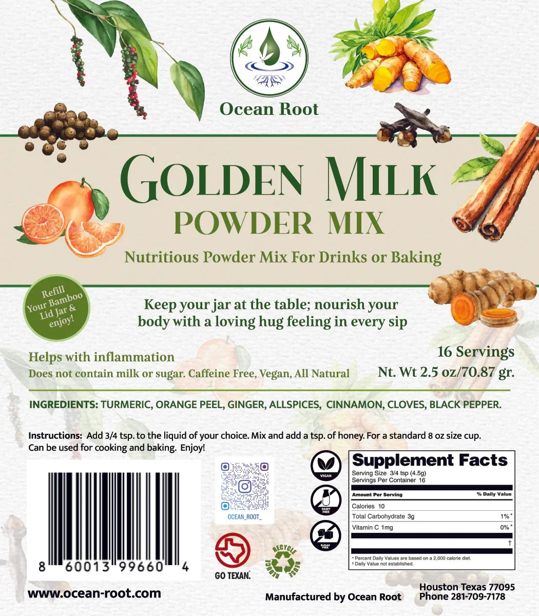 Golden Milk powder mix label with turmeric, cinnamon, orange peel, and spice illustrations