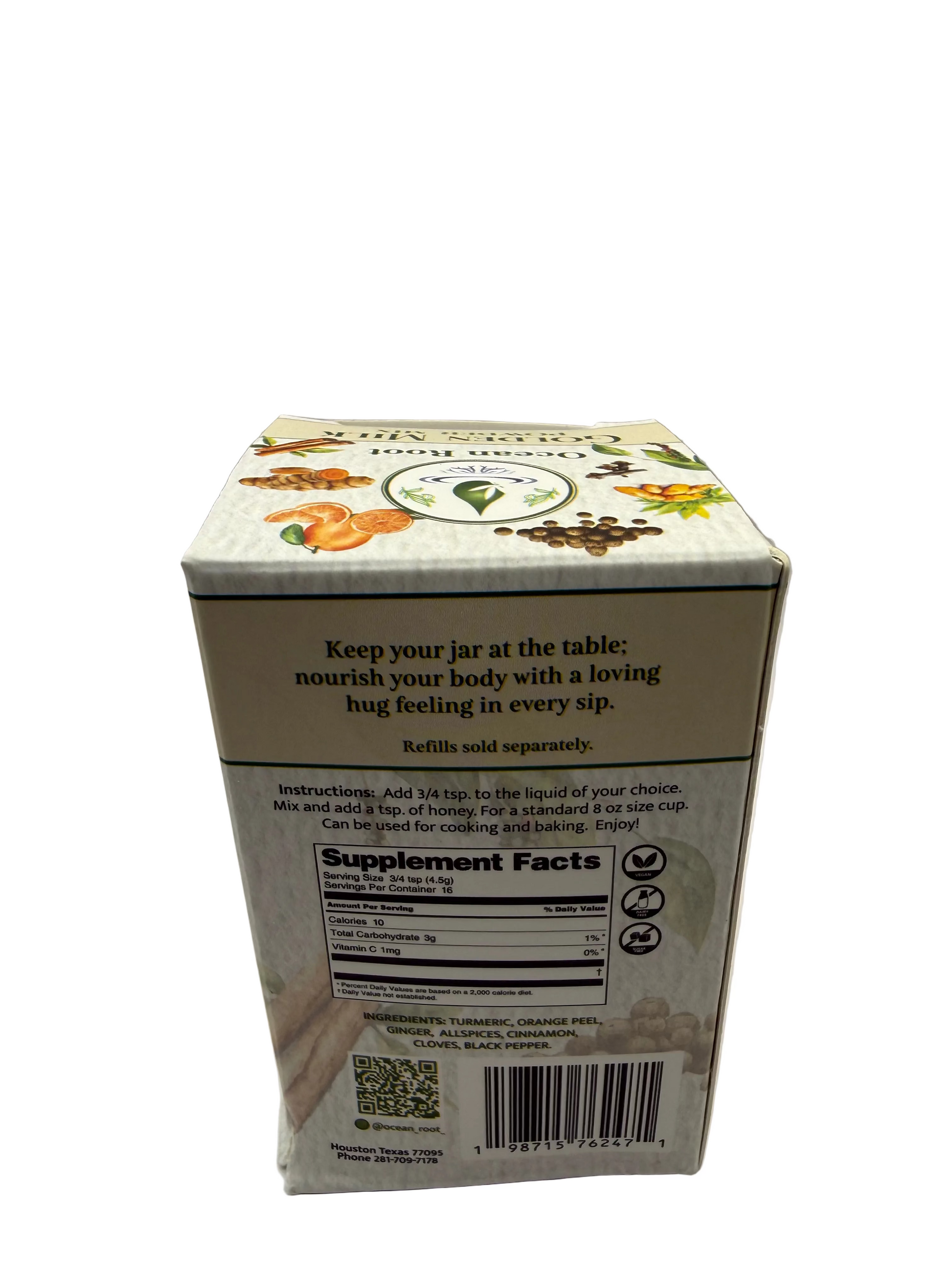 Golden milk mix box with supplement facts, turmeric, spices, and usage instructions visible.