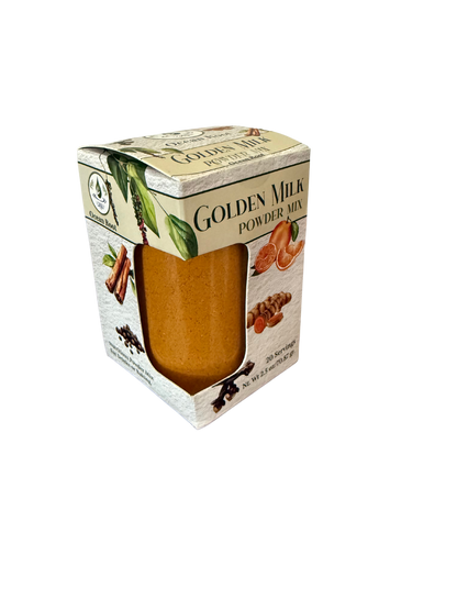 Box of Golden Milk powder mix with a cup illustration on a white background