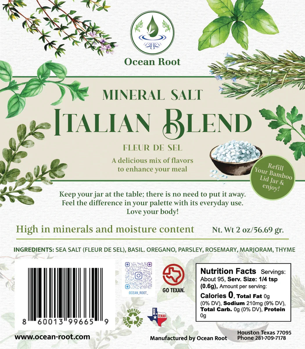 Mineral salt Italian blend label with herbs, nutritional info, and ingredients list visible.