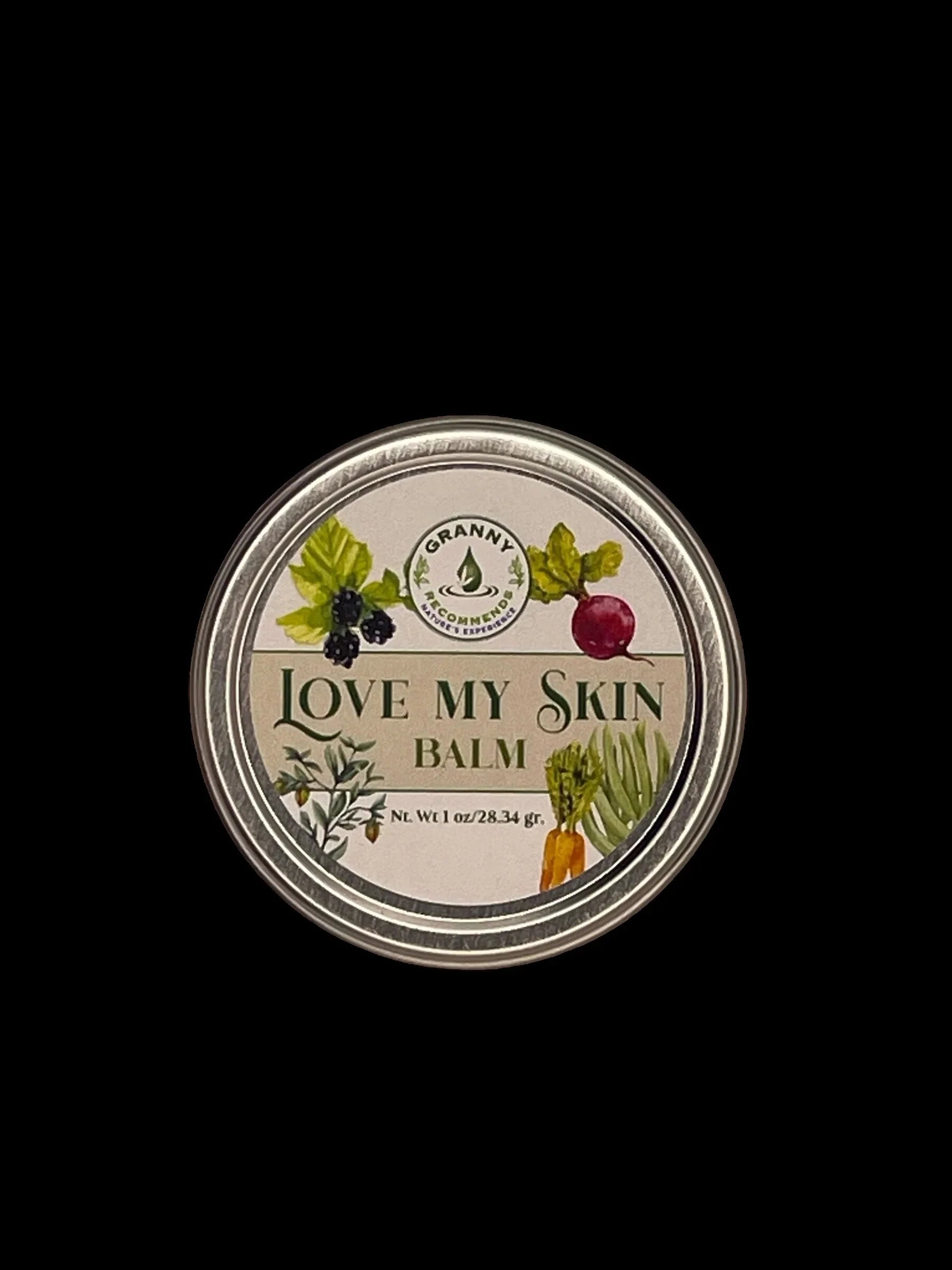 Love My Skin Balm tin with natural ingredient illustrations on black background