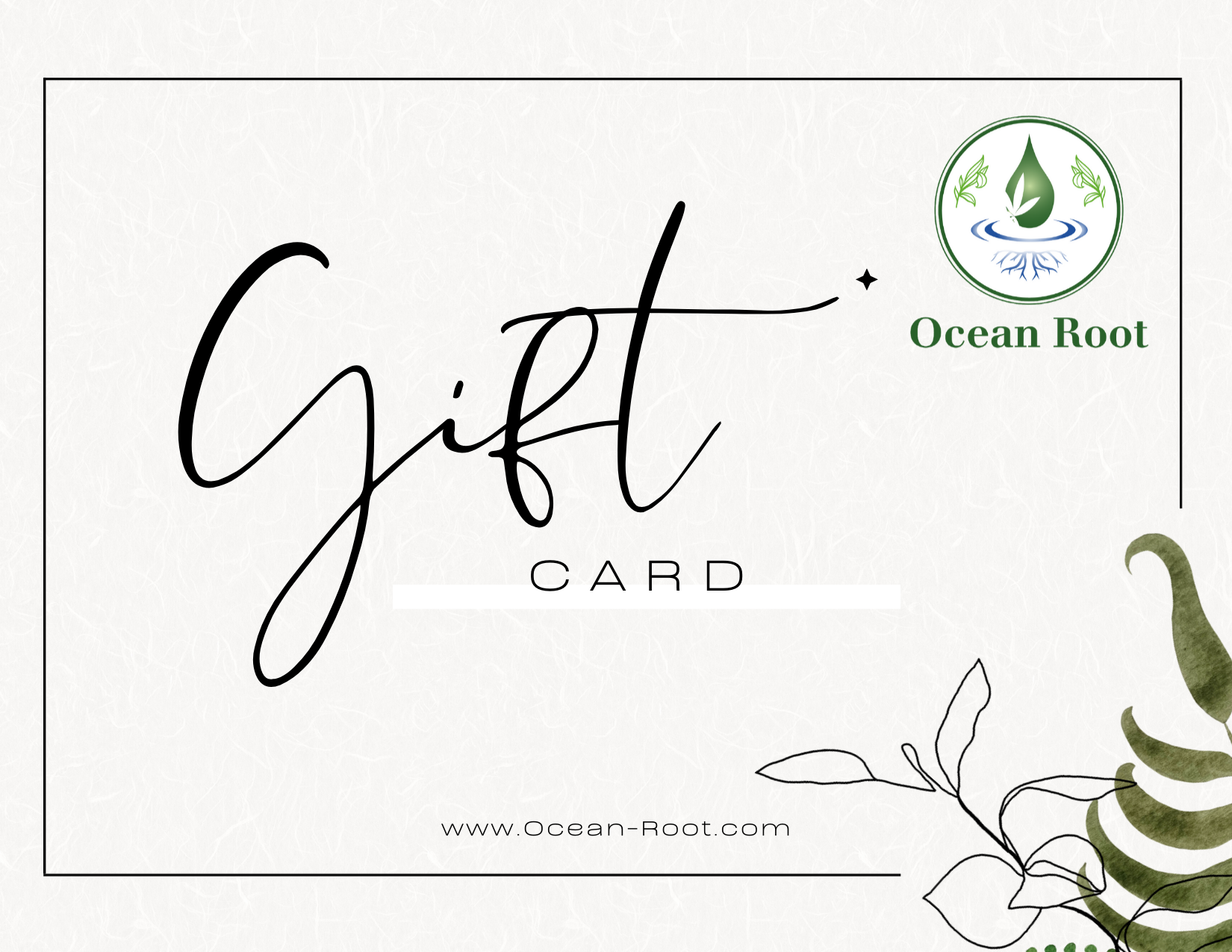 Gift card with 'Ocean Root' branding and decorative elements on a white background