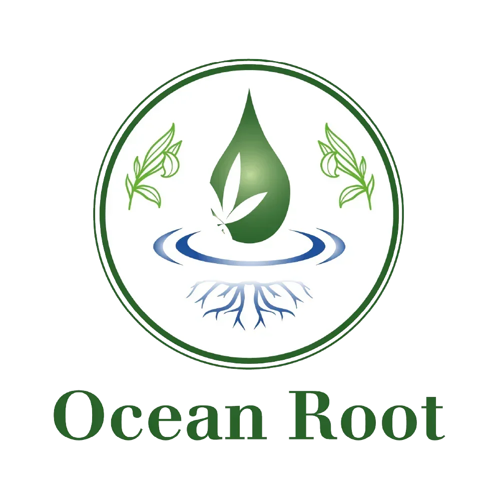 Green leaf drop with water ripple, plant branches, blue roots, and Ocean Root text logo