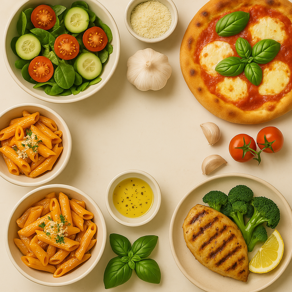 Assorted Italian foods including pizza, pasta, and grilled chicken with vegetables on a light background.