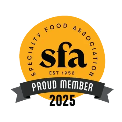 Specialty Food Association Proud Member 2025 gold badge with black ribbon and sfa logo