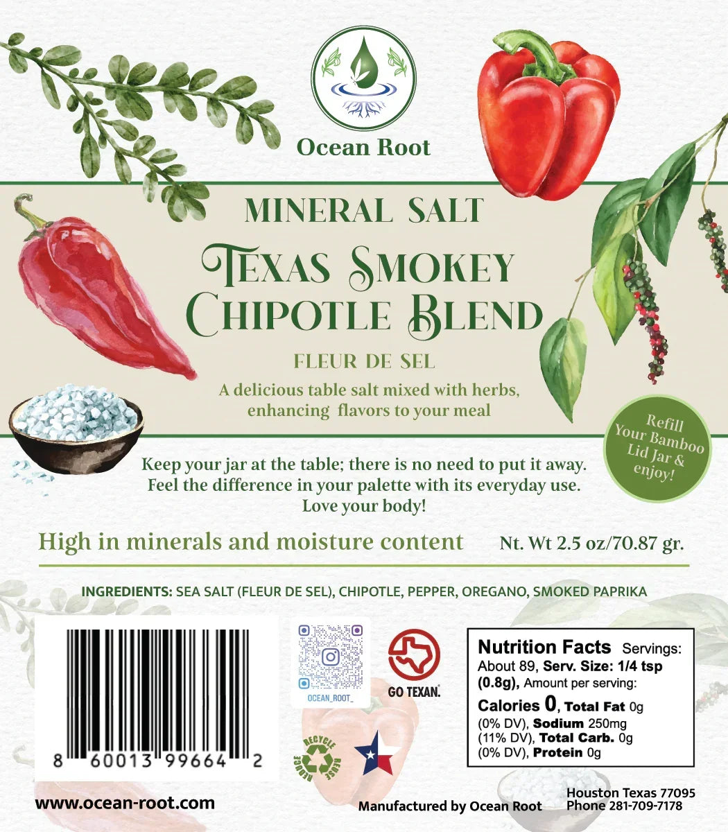 Texas Smokey Chipotle Blend mineral salt label with illustrations of chipotle pepper, red bell pepper, and sea salt crystals.