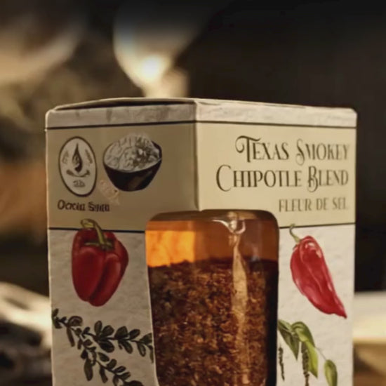 Texas Smokey chipotle Fleur de Sel Blend on a glass jar. Finishing salt.