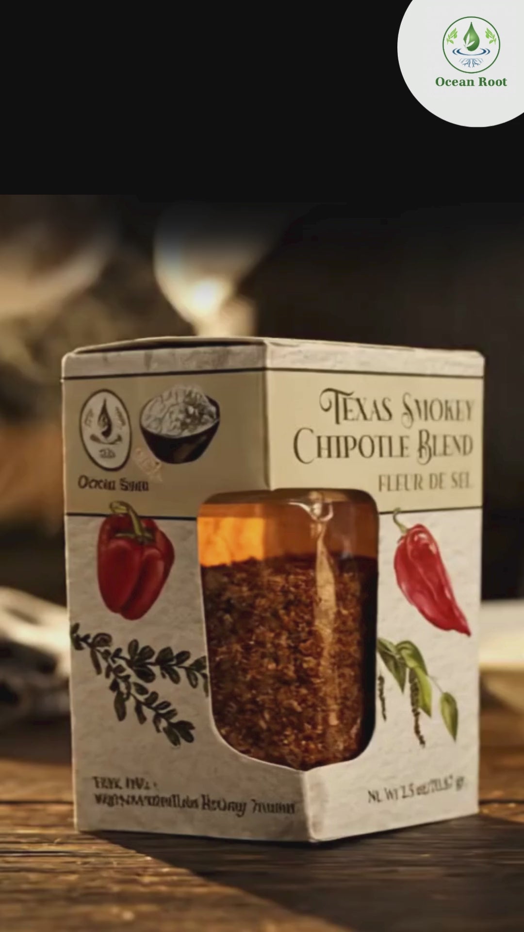 Texas Smokey chipotle Fleur de Sel Blend on a glass jar. Finishing salt.